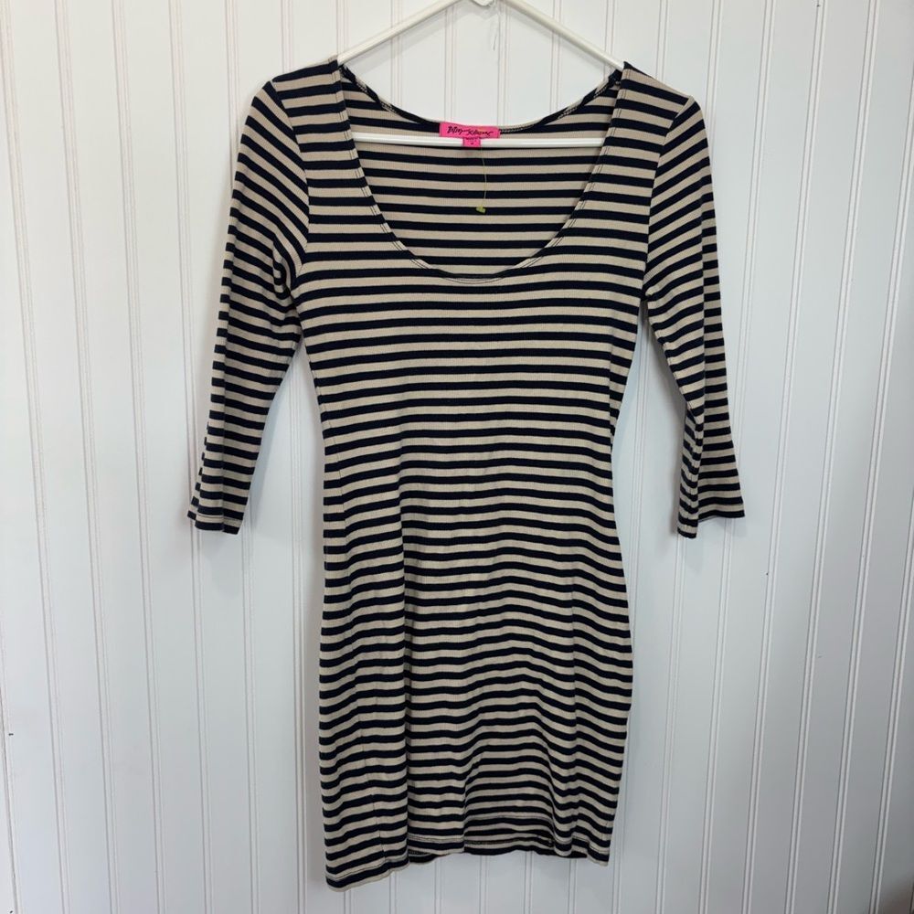 Betsey Johnson vintage Black & Cream Striped Scoop Neck ruffle butt Mini Dress